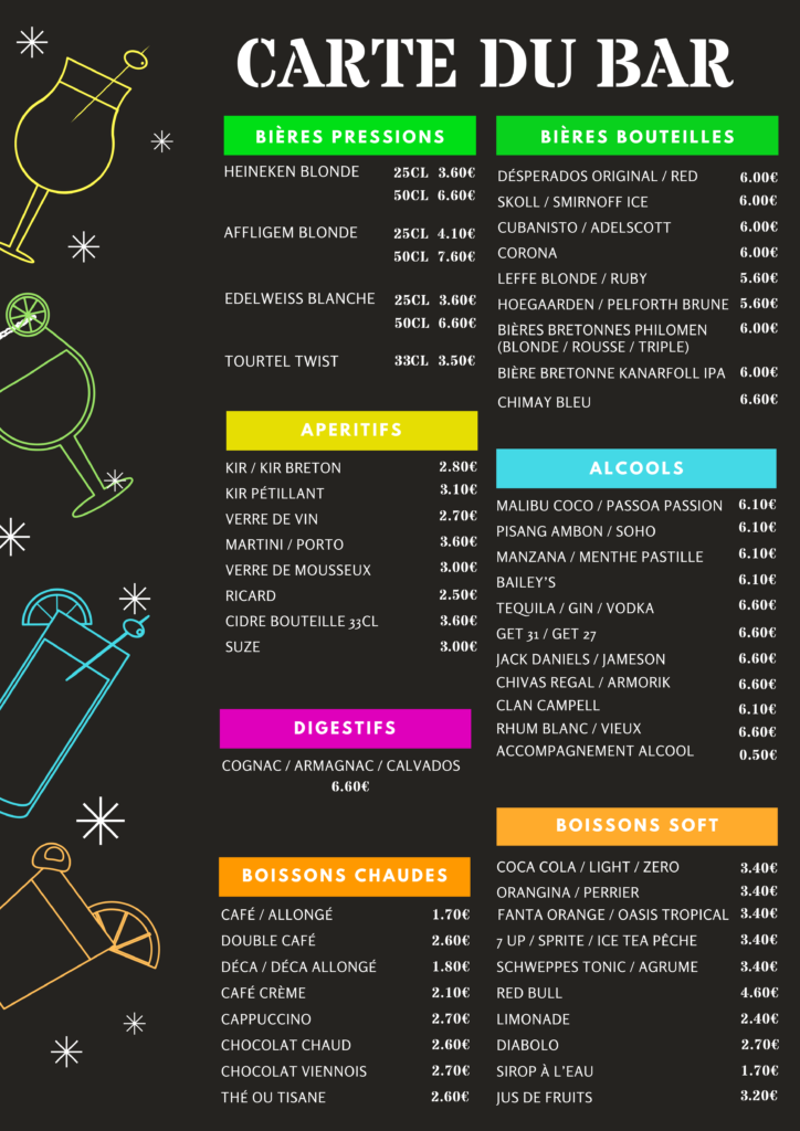 carte menu bowling